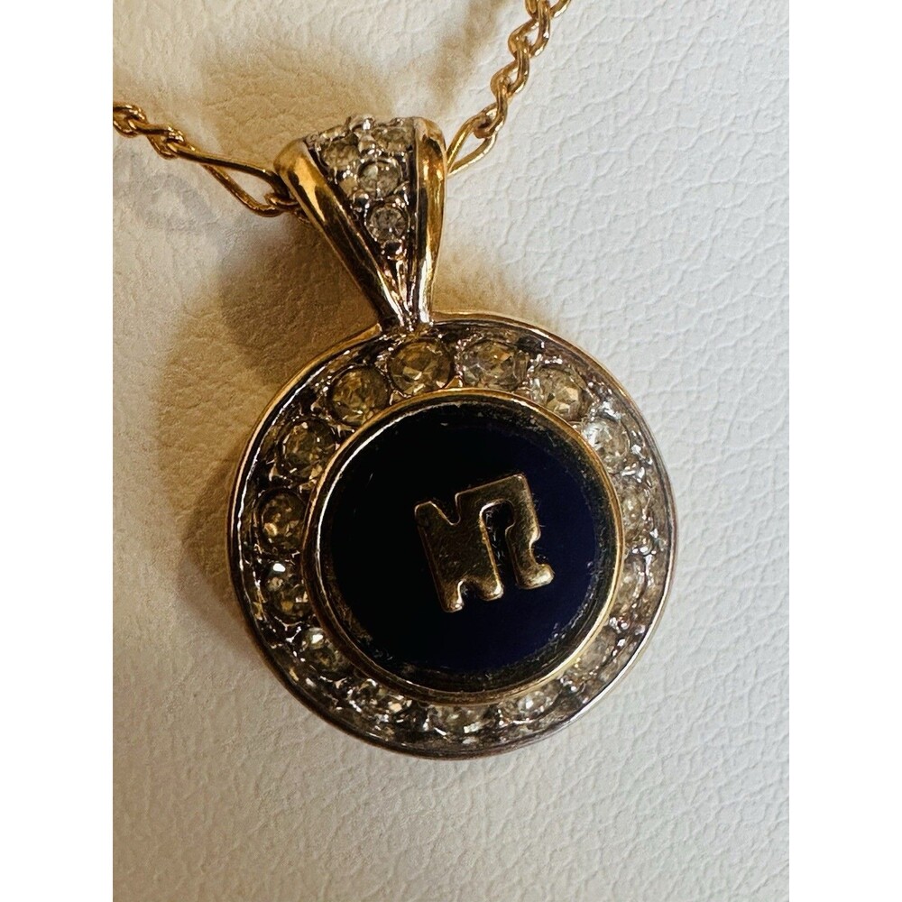 Vintage Nina Ricci "NR" Monogram Pendant Necklace - Navy Blue Enamel
